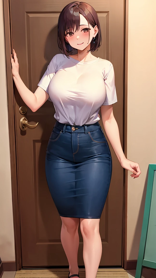 45 year old mature woman、Standing in the middle of the boys' room、Both hands are tied behind his back。She has a curvy figure and wears a metallic bikini.、Her huge breasts are emphasized。Her skin is sweaty、open your mouth、Smiling。In the background you can see a study desk and a bed.。