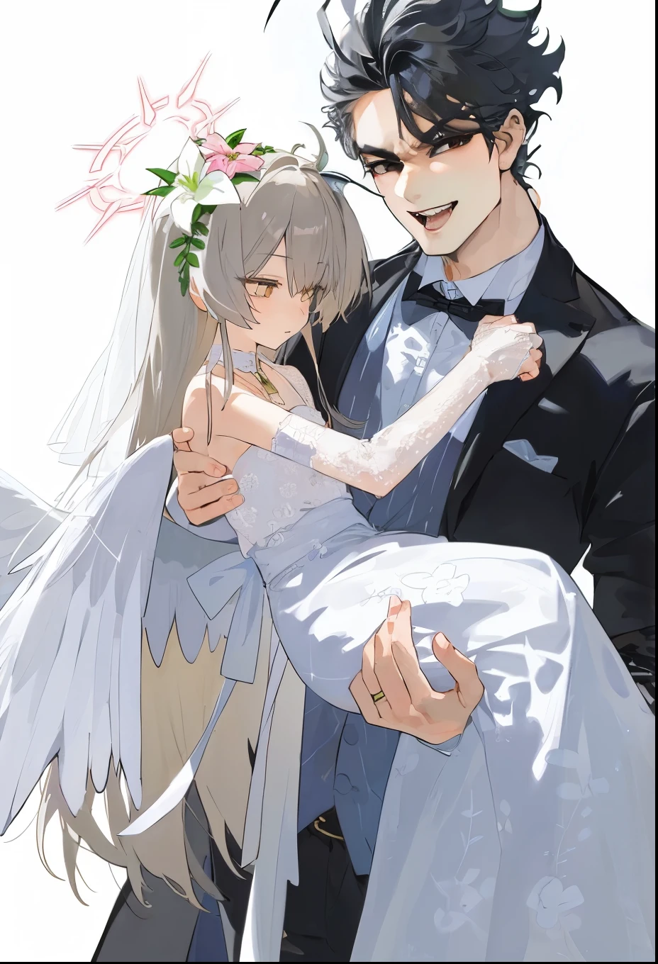 1 boy,huge ahoge,black hairs,smiling,laughing,long hairs,handsome face