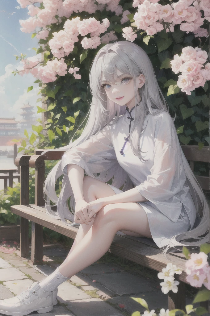 masterpiece, Excellent, daytime, outdoor, Falling Flowers, Branches, China人, China, 1 girl, Perfect Woman, Woman with long silver hair, Gray blue eyes, Light pink lips, Serious, ,Purple Eyes, White clothes, , Delicate face, Delicate face, Sitting Legs, Smile
