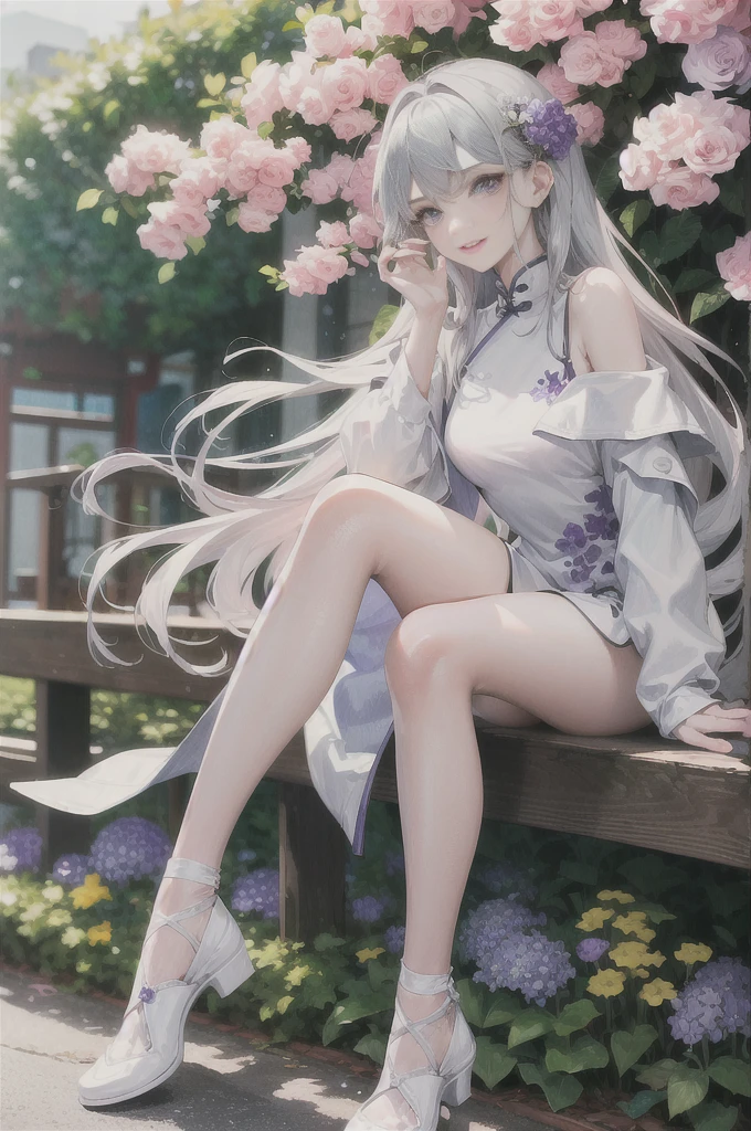 masterpiece, Excellent, daytime, outdoor, Falling Flowers, Branches, China人, China, 1 girl, Perfect Woman, Woman with long silver hair, Gray blue eyes, Light pink lips, Serious, ,Purple Eyes, White clothes, , Delicate face, Delicate face, Sitting Legs, Smile