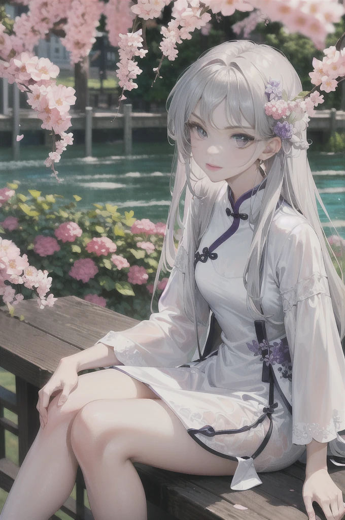 masterpiece, Excellent, daytime, outdoor, Falling Flowers, Branches, China人, China, 1 girl, Perfect Woman, Woman with long silver hair, Gray blue eyes, Light pink lips,  Serious, ,Purple Eyes, White clothes, , Delicate face, Delicate face, Sitting Legs, Smile