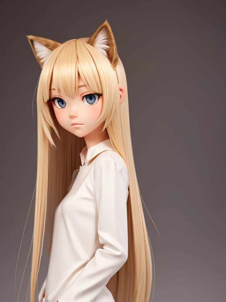 (best quality), 1girl, female, porcelain skin, blonde hair, straight hair, medium hair, swoopy tips, Flipped-up ends, brown eyes, perfect eyes, slender, , (cat ears), small bust, shy, masterpiece, anatomically correct, highres