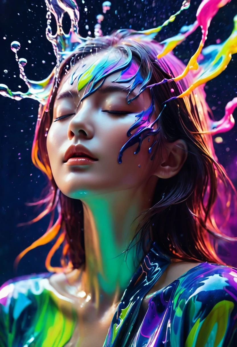 masterpiece,best quality,woman,closed eyes, splashing,abstract,psychedelic,neon outfit),(creative:1.3),sy3,SMM,fantasy00d, ultra clear