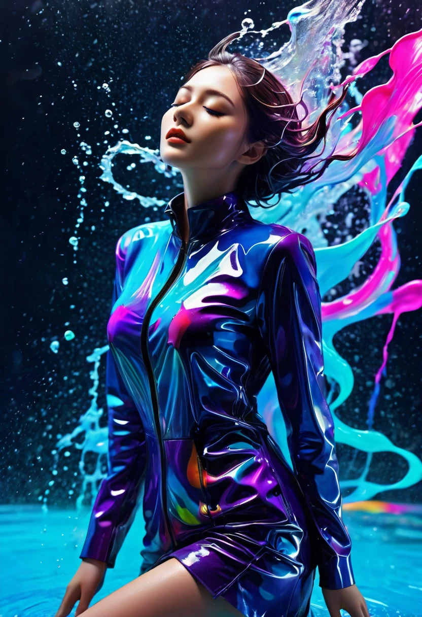 masterpiece,best quality,woman,closed eyes,   splashing,abstract,psychedelic,neon outfit),(creative:1.3),sy3,SMM,fantasy00d, ultra clear