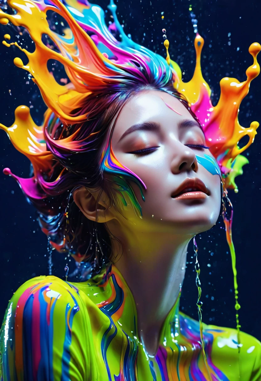 masterpiece,best quality,woman,closed eyes, splashing,abstract,psychedelic,neon outfit),(creative:1.3),sy3,SMM,fantasy00d, ultra clear