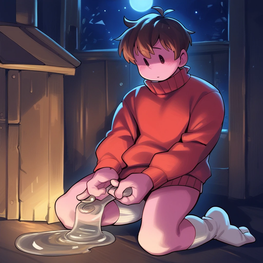 PDXL, score_9_superior, score_8_superior, score_7_superior, Highest quality, masterpiece, sauce_anime, Dark Background, indoor, Dim lighting, Old house, night, Detailed Background,  alone, Bobby_(/Noill/), Brown Hair, Pink body, Red sweater, socks, Break 1 Boy, socks,  Dot Eye, Ghost, Ghost boy,  View your viewers,