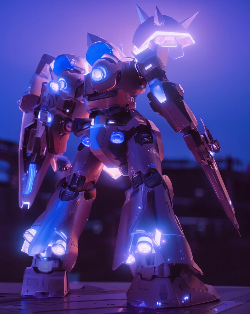 A giant mecha standing on a battleship, the horizon, the setting sun,Blue Light from Jetworker,