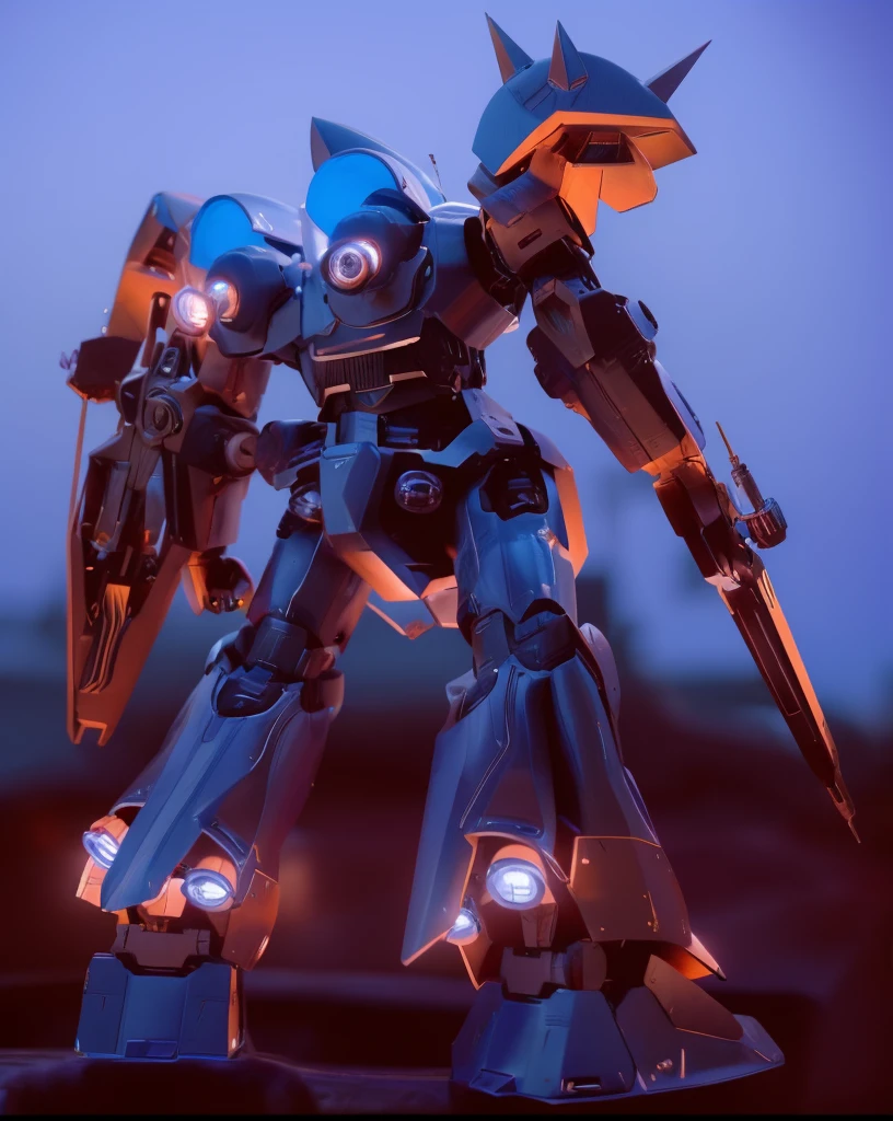 A giant mecha standing on a battleship, the horizon, the setting sun,Blue Light from Jetworker,