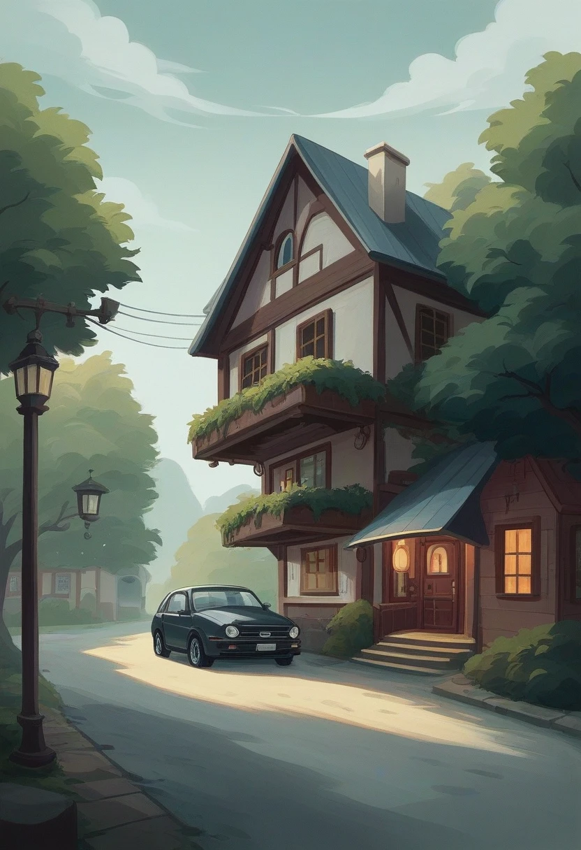 Make a picture of car which roof is open. 2 seater car. Is standing right behind Infront of a house. The house has a veranda which has roof also. So car is in that veranda to protect from rain. The house has 1 window. And from the window yellow light is coming. So under the house yellow bulb is shining. It is a one bedroom house. Made from wood. The is also street light. The color is yellow and the light cover all the areas , the car too have a light on that comes from street light. Street light is very helpful because from this every one is able to see the house and car. The house has white color. The car has red color. The heavy rain is happening. Rain has spots on car and the house and the land when it touches. In background of the house there is trees which can be seen but not clearly due to low light on them. The time is around 1 Am o'clock. The night is black. 8k