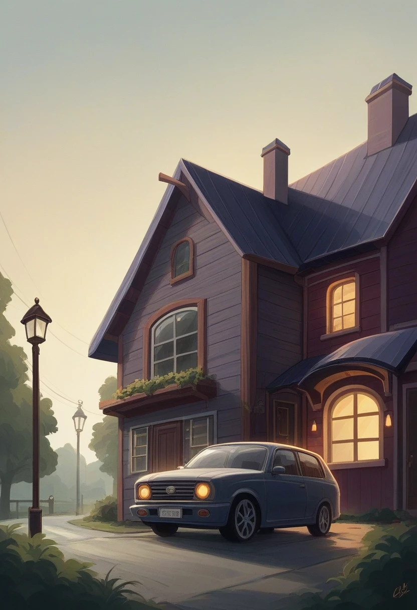Make a picture of car which roof is open. 2 seater car. Is standing right behind Infront of a house. The house has a veranda which has roof also. So car is in that veranda to protect from rain. The house has 1 window. And from the window yellow light is coming. So under the house yellow bulb is shining. It is a one bedroom house. Made from wood. The is also street light. The color is yellow and the light cover all the areas , the car too have a light on that comes from street light. Street light is very helpful because from this every one is able to see the house and car. The house has white color. The car has red color. The heavy rain is happening. Rain has spots on car and the house and the land when it touches. In background of the house there is trees which can be seen but not clearly due to low light on them. The time is around 1 Am o'clock. The night is black. 8k 