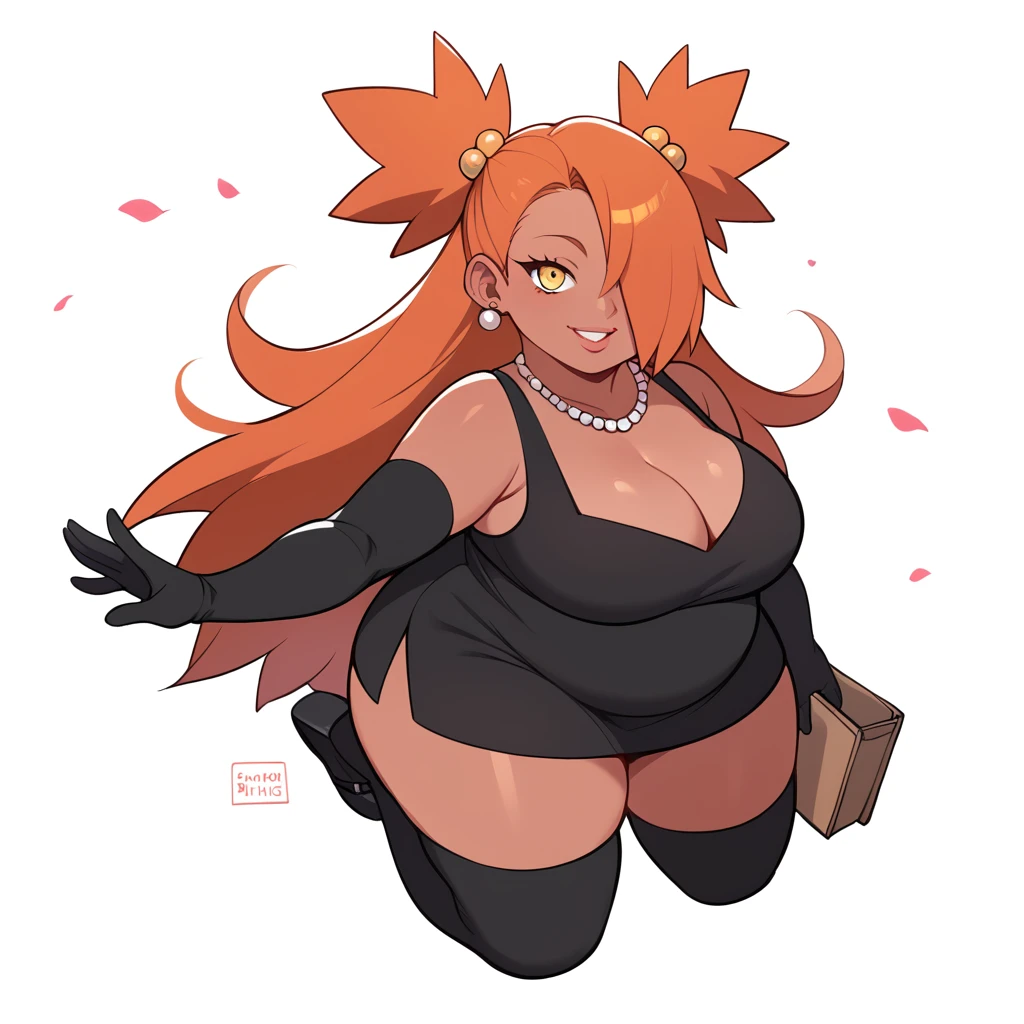 score_9, score_8_up, score_7_up, score_6_up, score_5_up, score_4_up, source_anime, rating_safe, BREAK chouchou akimichi,1girl,dark-skinned female,curvy,fat,orange hair,hair over one eye,two side up,long hair,yellow eyes,hair bobbles,jewelry,earrings,black dress,one leg dress,necklace,sleeveless dress,black long gloves,black thighhighs,big breats,cleavage
