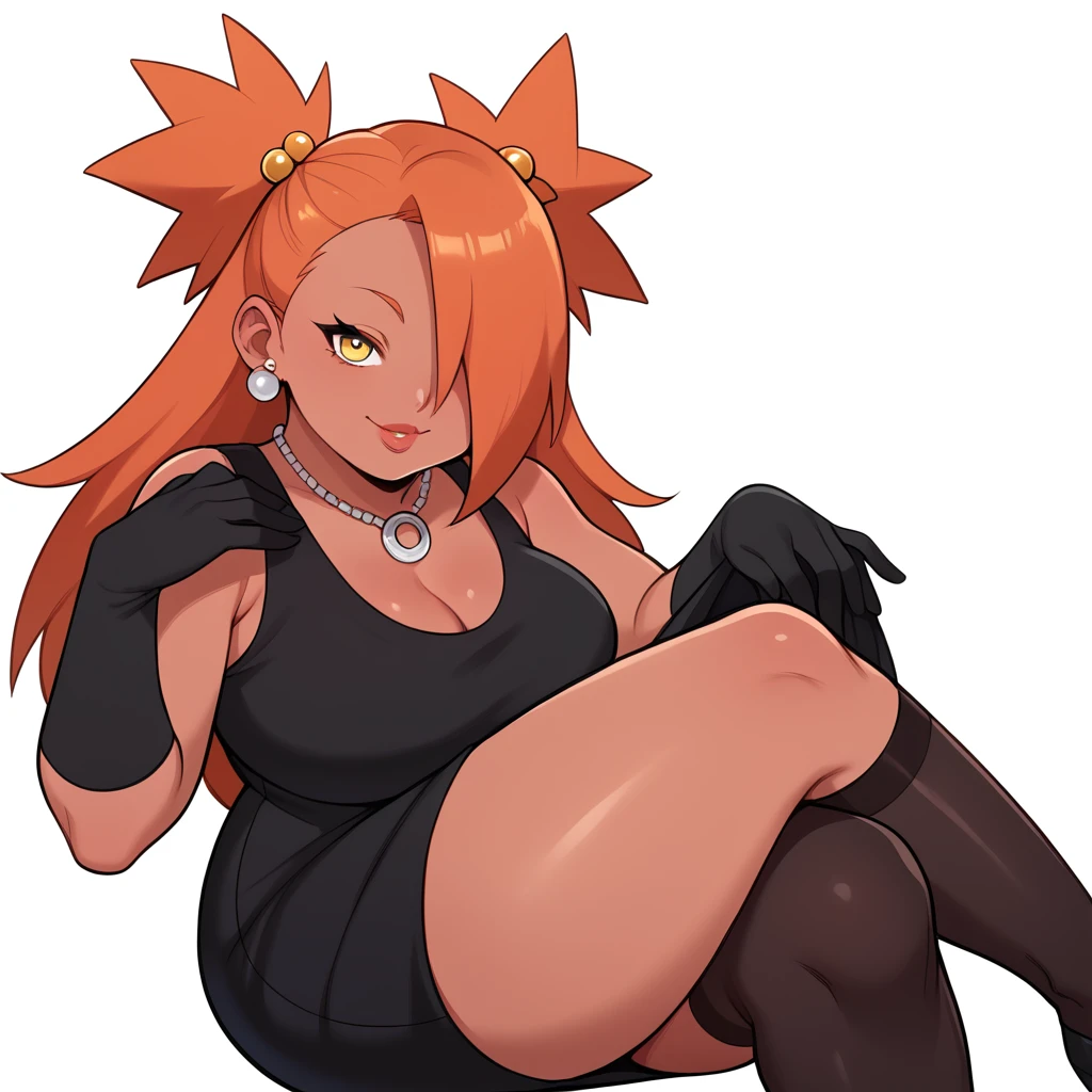 score_9, score_8_up, score_7_up, score_6_up, score_5_up, score_4_up, source_anime, rating_safe, BREAK chouchou akimichi,1girl,dark-skinned female,curvy,fat,orange hair,hair over one eye,two side up,long hair,yellow eyes,hair bobbles,jewelry,earrings,black dress,one leg dress,necklace,sleeveless dress,black long gloves,black thighhighs,big breats,cleavage