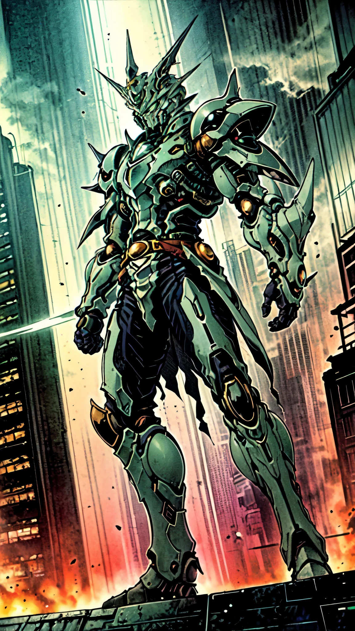 (masterpiece:1.5, best quality:1.5, extremely delicate:1.5, foreshortening:1.5, dynamic angle:1.5), a man wearing a full-face helmet, a fantasy-style biotech armored combat suit, green eyes, (a composite layered chest armor), fully enclosed shoulder guards, matching arm and leg guards, the belt is adorned with neon circuitry, (the color scheme is primarily black with green white accents), the design balances heavy with agility, a high-tech bio-mecha armor, (Armor Concept Inspired by neon Cyberpunk, stand on the top of a skyscraper in a futuristic sci-fi city), this character embodies a finely crafted fantasy-surreal style armored hero in anime style, exquisite and mature manga art style, (element, plasma, energy, the armor glows), ((male:1.5)), metallic, high definition, highres, ultra-detailed, ultra-fine painting, professional, perfect body proportions, golden ratio, anatomically correct, symmetrical face, extremely detailed eyes and face, high quality eyes, creativity, RAW photo, UHD, 32k, Natural light, cinematic lighting, masterpiece-anatomy-perfect