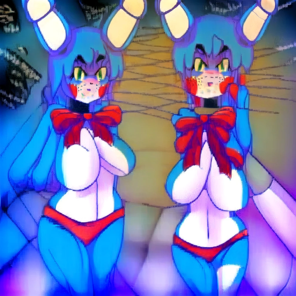 Masterpiece, of the highest quality, highest resolution, perfect modern anime style, 1 girl, Alone, old, SMILE, short hair, Open mouth, large old, bow, animal ears, underwear, green eyes, blue fur, panties, bowtie, rabbit ears, colored skin, top-less, furry, blue skin, furry female, red panties,detailed background, inside, butt, focus on butt, behind sight,jumpscare tits