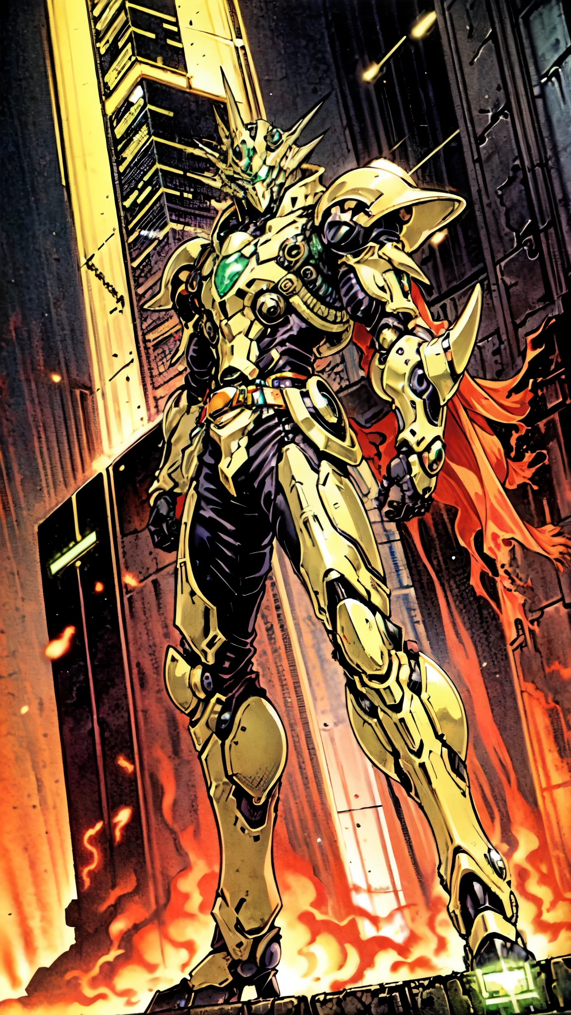 (masterpiece:1.5, best quality:1.5, extremely delicate:1.5, foreshortening:1.5, dynamic angle:1.5), a man wearing a full-face helmet, a fantasy-style biotech armored combat suit, green eyes, (a composite layered chest armor), fully enclosed shoulder guards, matching arm and leg guards, the belt is adorned with neon circuitry, (the color scheme is primarily black with green white accents), the design balances heavy with agility, a high-tech bio-mecha armor, (Armor Concept Inspired by neon Cyberpunk, stand on the top of a skyscraper in a futuristic sci-fi city), this character embodies a finely crafted fantasy-surreal style armored hero in anime style, exquisite and mature manga art style, (element, plasma, energy, the armor glows), ((male:1.5)), metallic, high definition, highres, ultra-detailed, ultra-fine painting, professional, perfect body proportions, golden ratio, anatomically correct, symmetrical face, extremely detailed eyes and face, high quality eyes, creativity, RAW photo, UHD, 32k, Natural light, cinematic lighting, masterpiece-anatomy-perfect