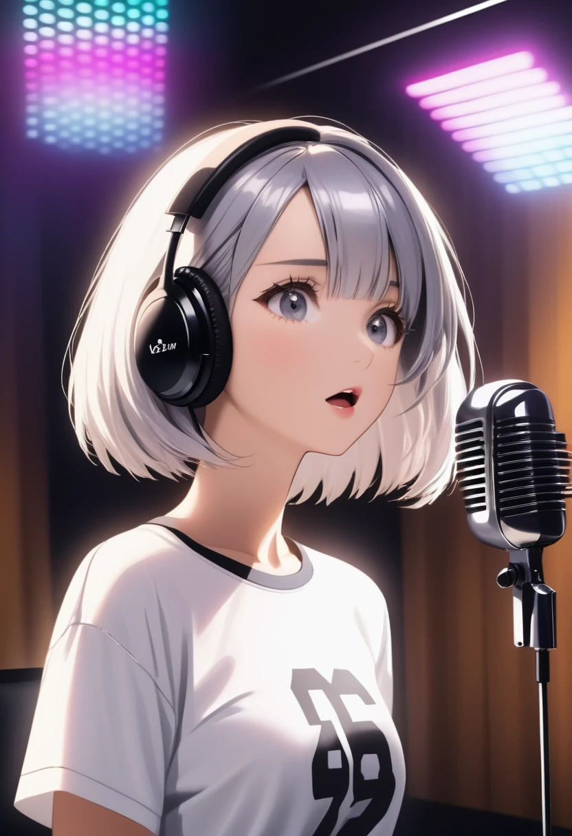 (((perfect quality, perfect anatomy, perfect body, beautiful, masterpiece))), (shiny silver hair, bob cut, bang between eyes, beautiful hair, detailed silver eyes, beautiful eyes, large breast), BREAK girl sings while listening to the sound with headphones attached to one ear in a recording studio booth. The girl is wearing a white T-shirts and Black Jersey Pants, whole body standing and singing.