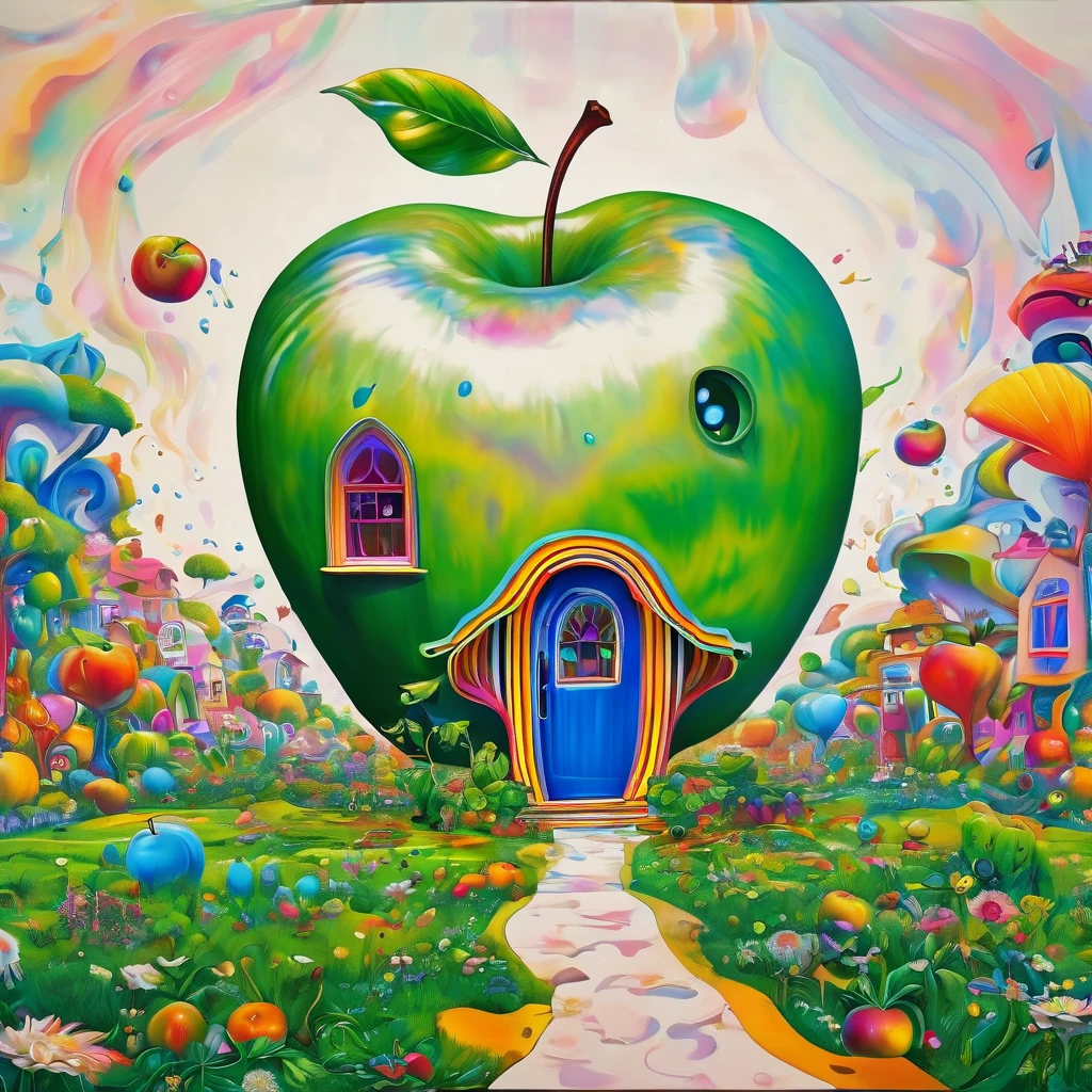 (masterpiece, best quality:1.2), Psychedelic Art,Creative illustration,Apple House,interesting,White background
