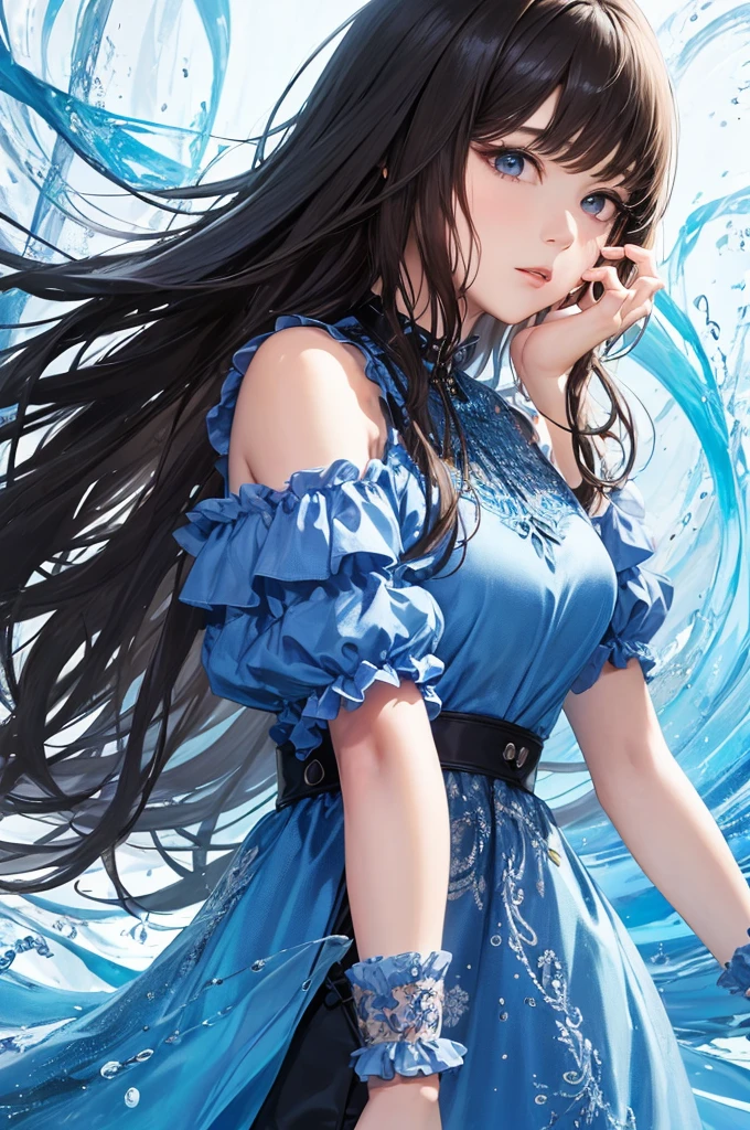 (​masterpiece、top-quality、top-quality、Official art、Beautifully Aesthetic:1.2)、(1girl in)、ighly detailed、(Fractal Art:1.3)、colourfull、highestdetailed、A dark-haired、Longhaire、straight haired、Bangs、The background is blue tone、