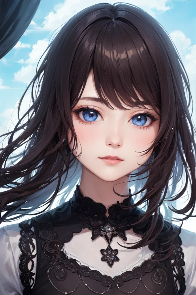 (​masterpiece、top-quality、top-quality、Official art、Beautifully Aesthetic:1.2)、(1girl in)、ighly detailed、(Fractal Art:1.3)、colourfull、highestdetailed、A dark-haired、Longhaire、straight haired、Bangs、The background is blue tone、