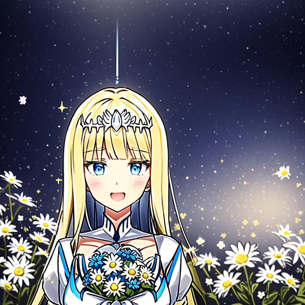 , soft smile, open mouth,  holding bouquet, colorful flowers, random flowers, light particles, sparkling eyes, portrait, looking at viewer, from front, , 1girl,solo, calca, blonde hair, ,( extremely long hair:1.2), very long hair, extra long hair, white tiara, white dress, blue eyes,Calca Bessarez, medium breast,Calca,