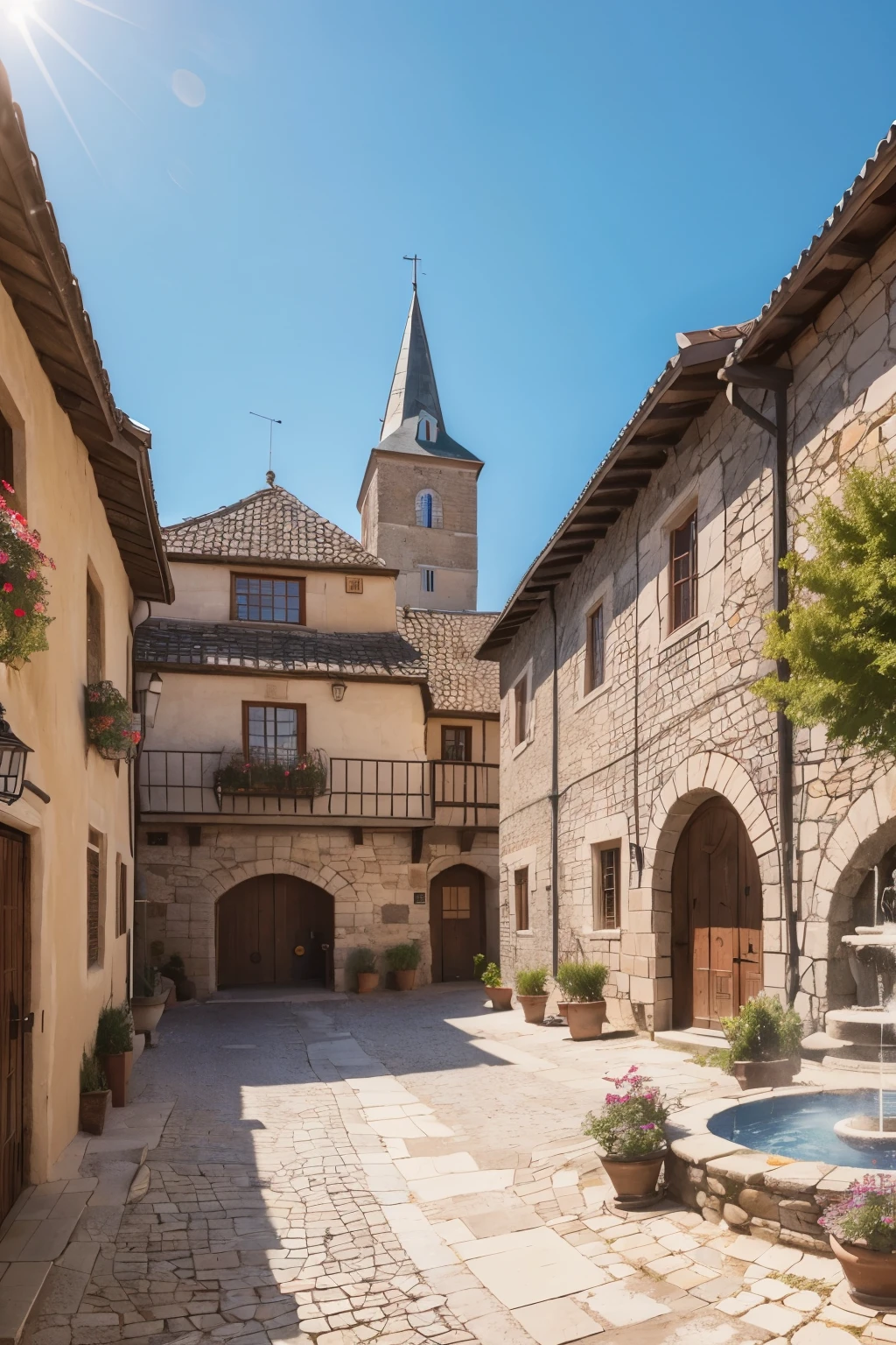 ((better quality)), (detailed), (medieval village square, with a water fountain in the background on the left side, on a summer afternoon, with medieval houses and stone floors), (3840 x 2160), (landscape)
