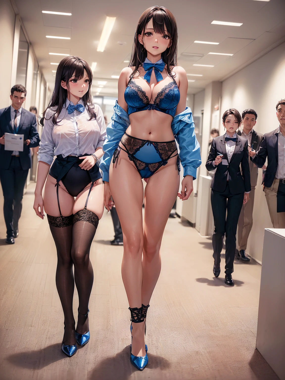 ((一人のIn underwearの女性はセクシーにOffice corridorを歩いている:1.4), Beautiful Anime Women, Beautiful art style, Anime characters, ((Smooth texture, Realistic texture, Anime CG Style)), ((Highest quality)), (Very detailed), (Very detailed CG 統合 8k 壁紙), Very detailed, High-resolution RAW color photos, Professional photography, Brown Hair, Stylish hairstyle, Great face and eyes, Beautiful and big breasts, Slender body, (Stunningly beautiful woman), (Detailed face:1.2), (Office corridor, (Many business people walking down the corridor:1.2), There is a window in the hallway:1.3), ((Bow tie around neck:1.3), (Black high heels:1.1), (Employee ID card worn around the neck:1.5), (Sexy and cute blue underwear:1.3), (Stylish shiny blue satin panties, Side-tie panties, Panties with plain blue center and lace decoration on the sides:1.3), (Thin panties:1.3), (Blue micro lace satin bra, Blue bra with lace trim, Thin bra:1.3), (lace garter belt, Garter Strings, Knee socks:1.3):1.3), naked, In underwear, In underwearのオフィスレディ, Exact number of arms, Exact number of legs, Perfect Anatomy, (Embarrassed expression, Surprised expression), Angle from the front, Exact finger count、Exact number of legs、(Exact number of arms:1.0, Exact number of hands:1.0), (Perfect hands, Perfect Anatomy)
