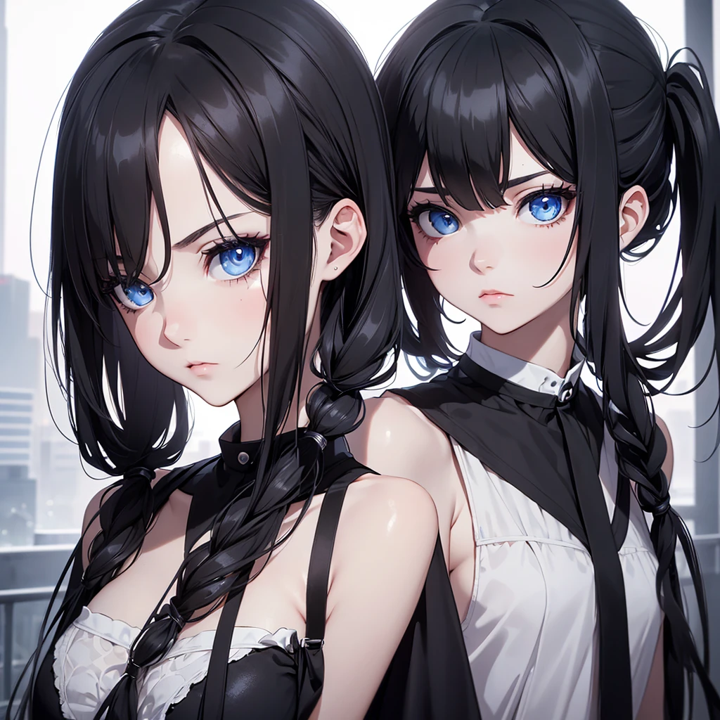 (8K, Best Quality, Masterpiece, Ultra High Resolution) 1Girl, Beautiful Eyes, Face Details, Black Hair, Pigtails, Blue Eyes, Pale Skin, Dark Circles, Tired Expression, Slender, Black Dress, Dark Room, Best Quality, Upper Body, Looking at the Viewer, Facing Viewer, Close Up