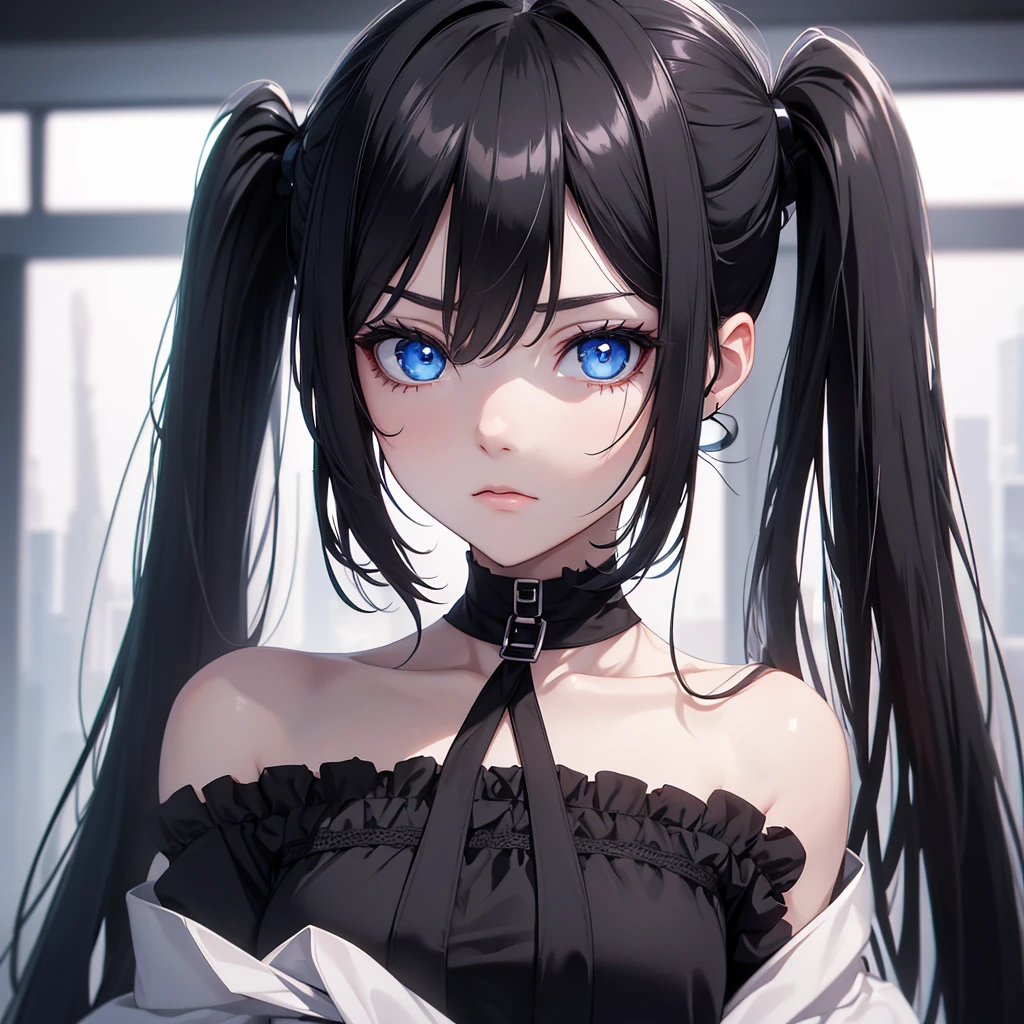 (8K, Best Quality, Masterpiece, Ultra High Resolution) 1Girl, Beautiful Eyes, Face Details, Black Hair, Pigtails, Blue Eyes, Pale Skin, Dark Circles, Tired Expression, Slender, Black Dress, Dark Room, Best Quality, Upper Body, Looking at the Viewer, Facing Viewer, Close Up