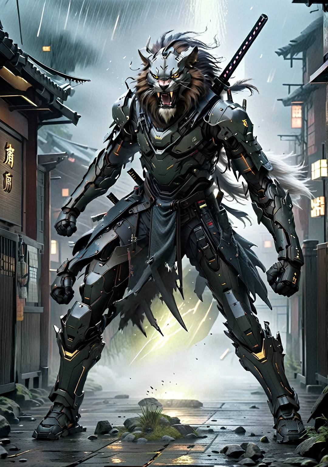 Create an image of a warrior Lion, mecha samuraipunk, anthropomorphic, screaming, moving, action burst, leather and iron armor, shaggy fur, foggy, stormy, 70mm, cinematic, highly detailed, swinging his sword and shield, debris flying, sparkling lights, aura, strong lights, high illumination.