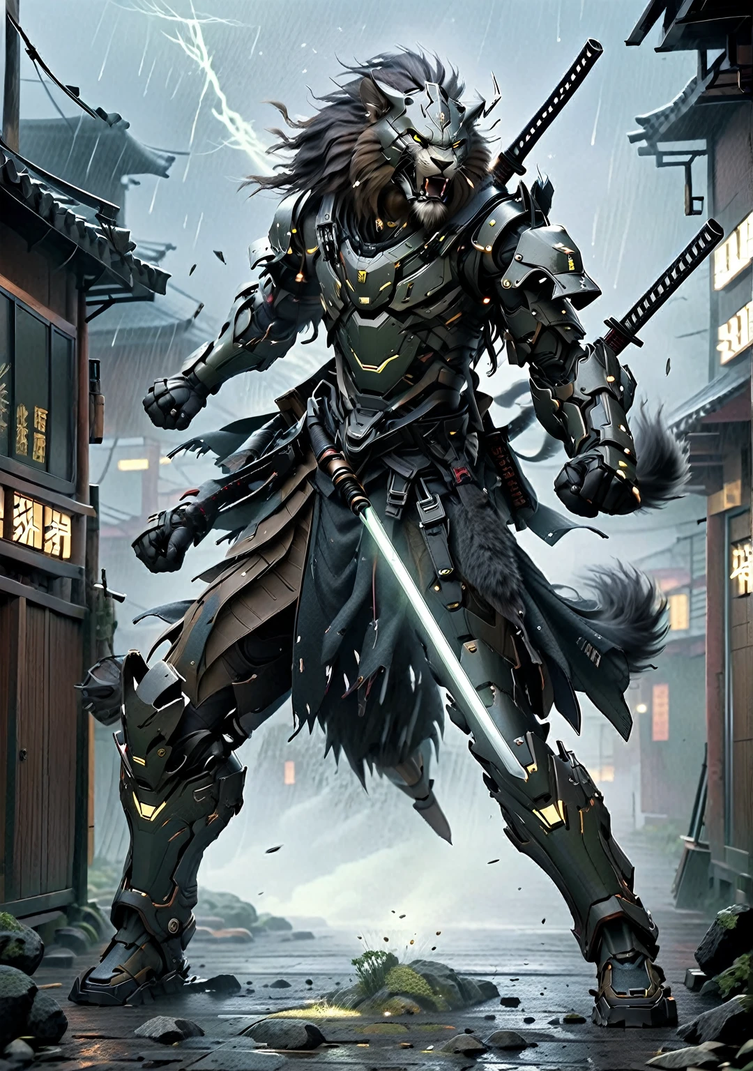 Create an image of a warrior Lion, mecha samuraipunk, anthropomorphic, screaming, moving, action burst, leather and iron armor, shaggy fur, foggy, stormy, 70mm, cinematic, highly detailed, swinging his sword and shield, debris flying, sparkling lights, aura, strong lights, high illumination.