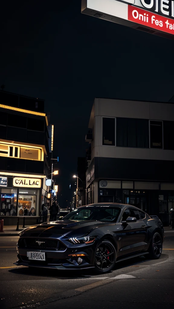 Ford Mustang GT color negro, in the city at night, posing on the side