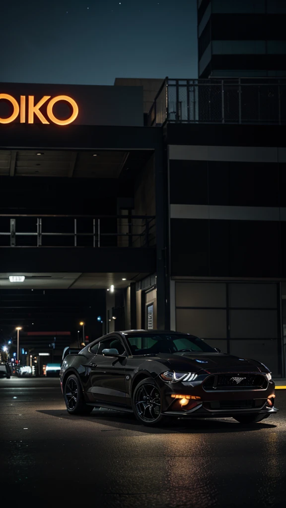 Ford Mustang GT color negro, in the city at night, posing on the side