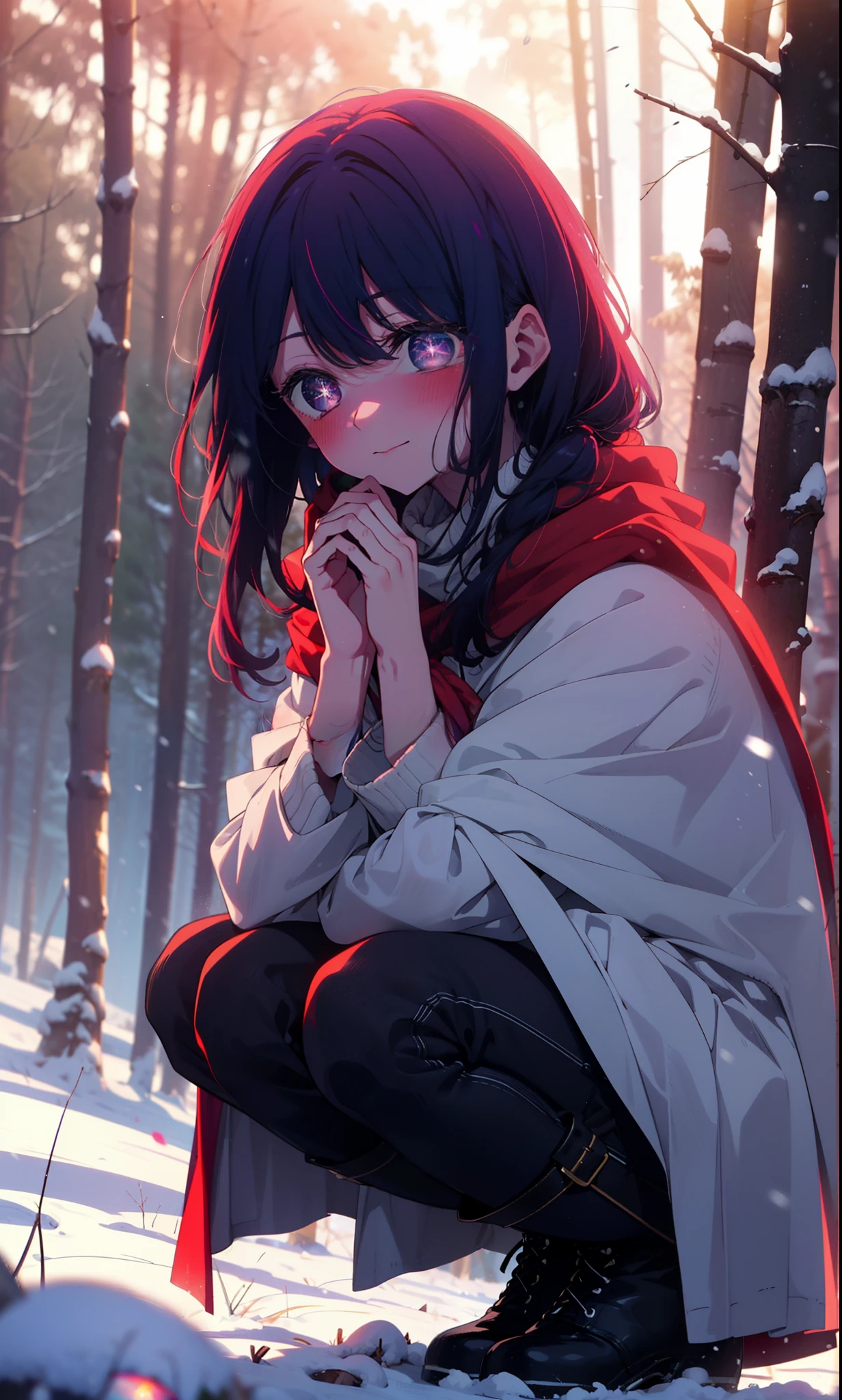 aihoshino, Ai Hoshino, Long Hair, bangs, (Purple eyes:1.1), Purple Hair, (Symbol-shaped pupil:1.5), smile,,smile,blush,White Breath,
Open your mouth,snow,Ground bonfire, Outdoor, boots, snowing, From the side, wood, suitcase, Cape, Blurred, , forest, White handbag, nature,  Squat, Mouth closed, Cape, winter, Written boundary depth, Black shoes, red Cape break looking at viewer, Upper Body, whole body, break Outdoor, forest, nature, break (masterpiece:1.2), Highest quality, High resolution, unity 8k wallpaper, (shape:0.8), (Beautiful and beautiful eyes:1.6), Highly detailed face, Perfect lighting, Extremely detailed CG, (Perfect hands, Perfect Anatomy),