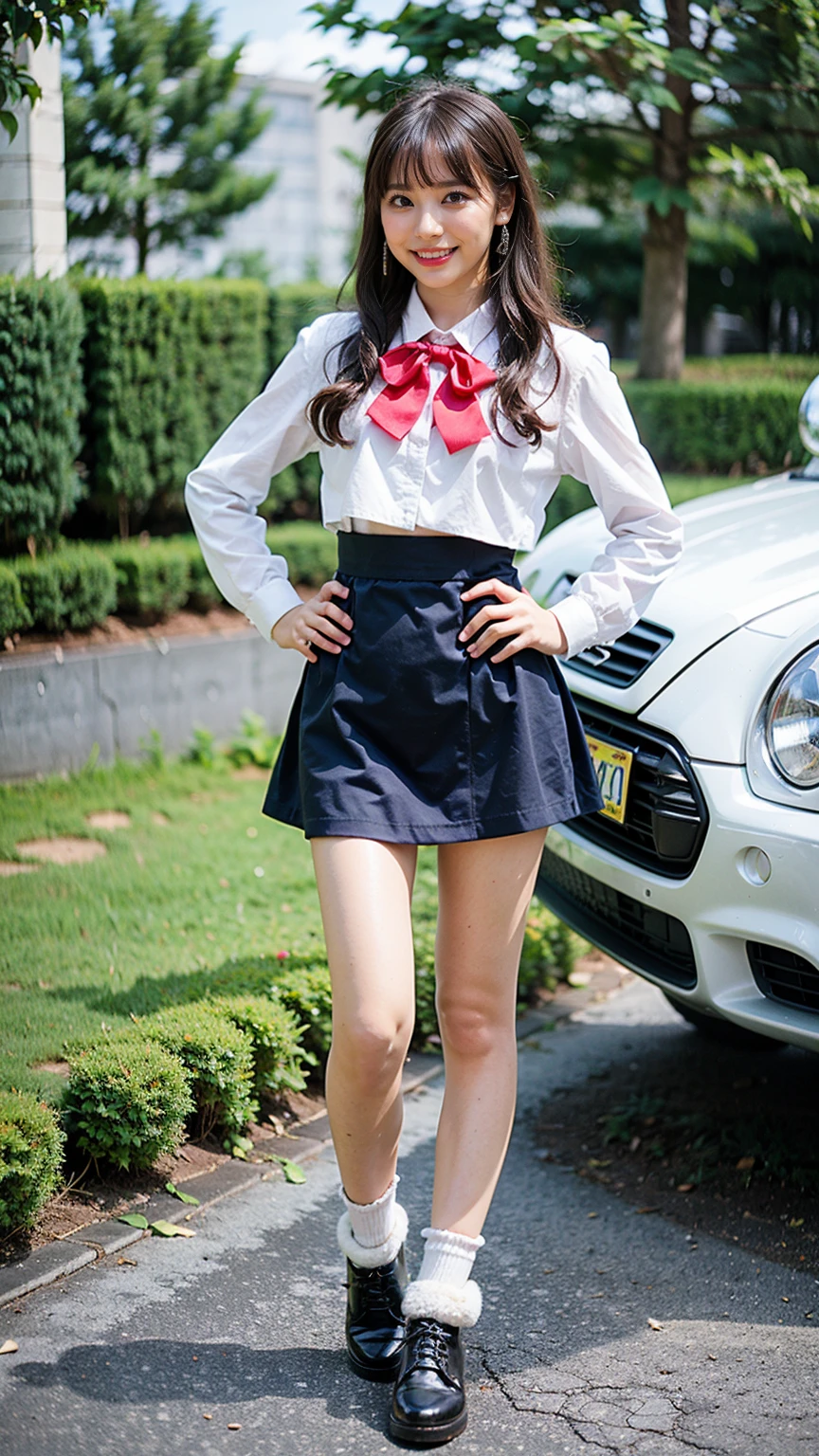 (8K、RAW Photos、Highest quality、masterpiece:1.2)、(Highest quality、Realistic)、1 Girl、((Tube top、mini skirt、uniform、ribbon、Medium Hair、See-through、smile、black、Thin legs、whole body、boots、garden、View from the front、Looking into the camera、Stand with hands on hips))、cute