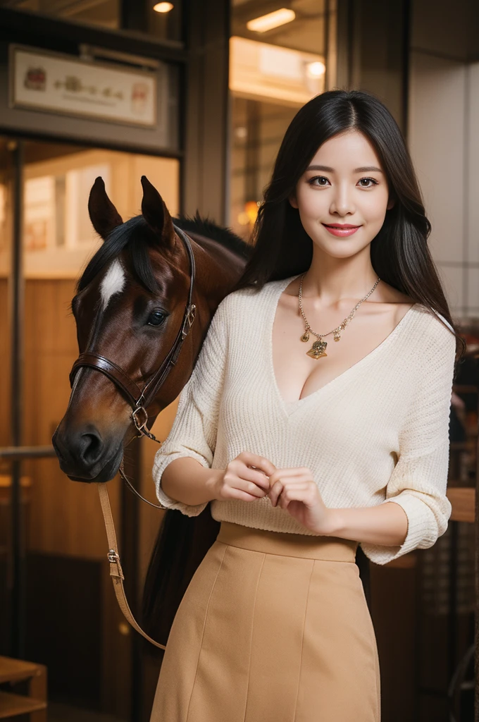 Smile,absurd,Please shut your mouth,Balanced Eyes,(Top Quality Details:1.2),Practical,8K HD,Very detailed,High quality textures,Intricate details,Detailed texture,Finely,High Detail,Highly detailed CG,(Short skirt,black,Long legs,Horse harness,Showing cleavage,White long hair)City crossroads,Necklace,Looking at the audience,stand up,(1 face.2)。