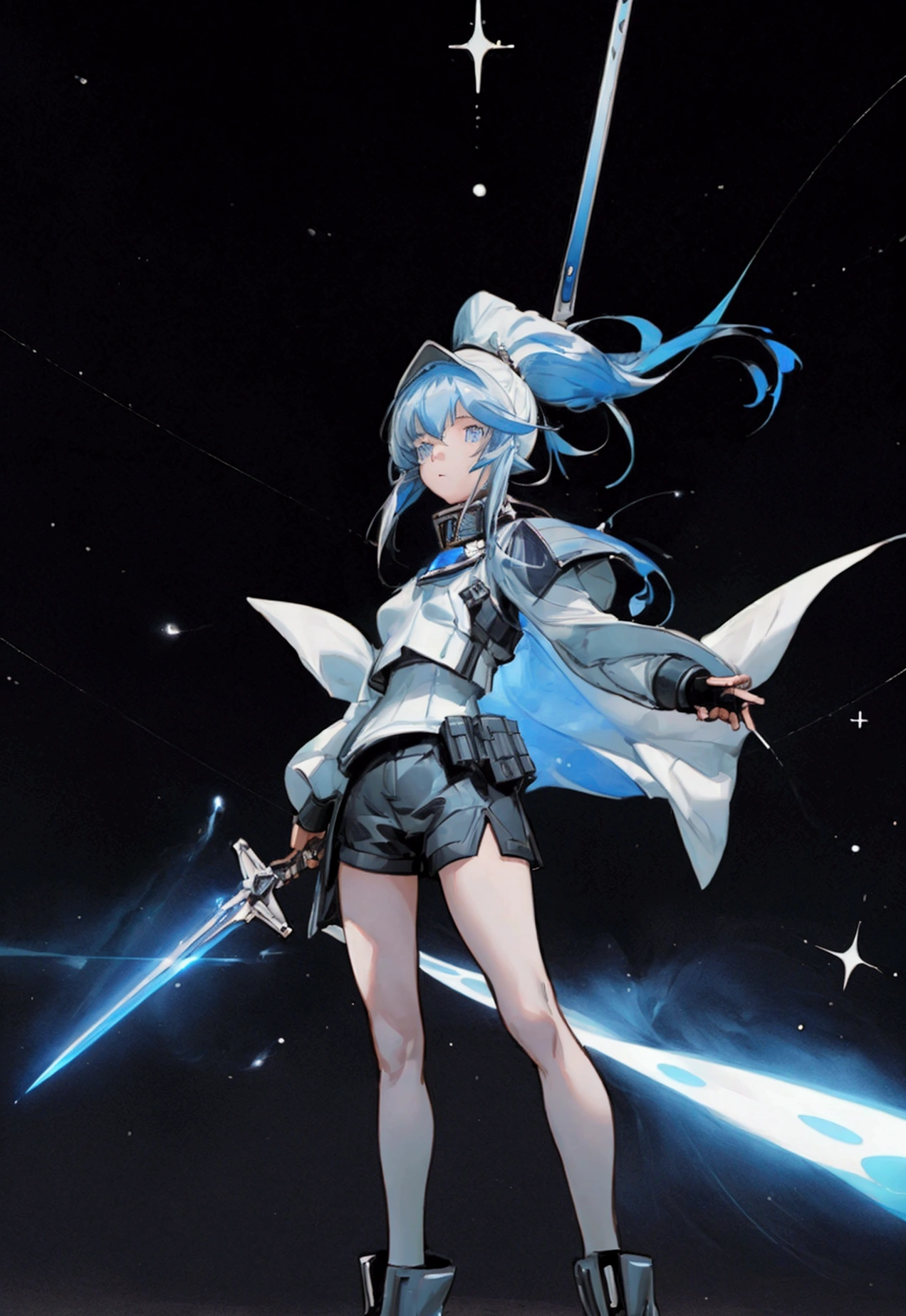 ((science fiction space fantasy)), A badass tall woman, an art of a female character standing amidst a galactic battlefront, (A female commander), ((a leader of a fleet of intergalactic armies)), White high ponytail with a glowing light blue highlights at the ends, Wielding a sword with deep blue aura, the mystical blade in her hand emitting a bright contrast blue light with a ray of energy, a futuristic intergalactic military uniform, Wearing Black shorts exposing the thighs, with a captain hat, a long simple dark boots. A masterpiece illustration, a light novel cover, best quality, best detail(Light novel illustrations), Arknights style, masterpiece, high quality, detailed.