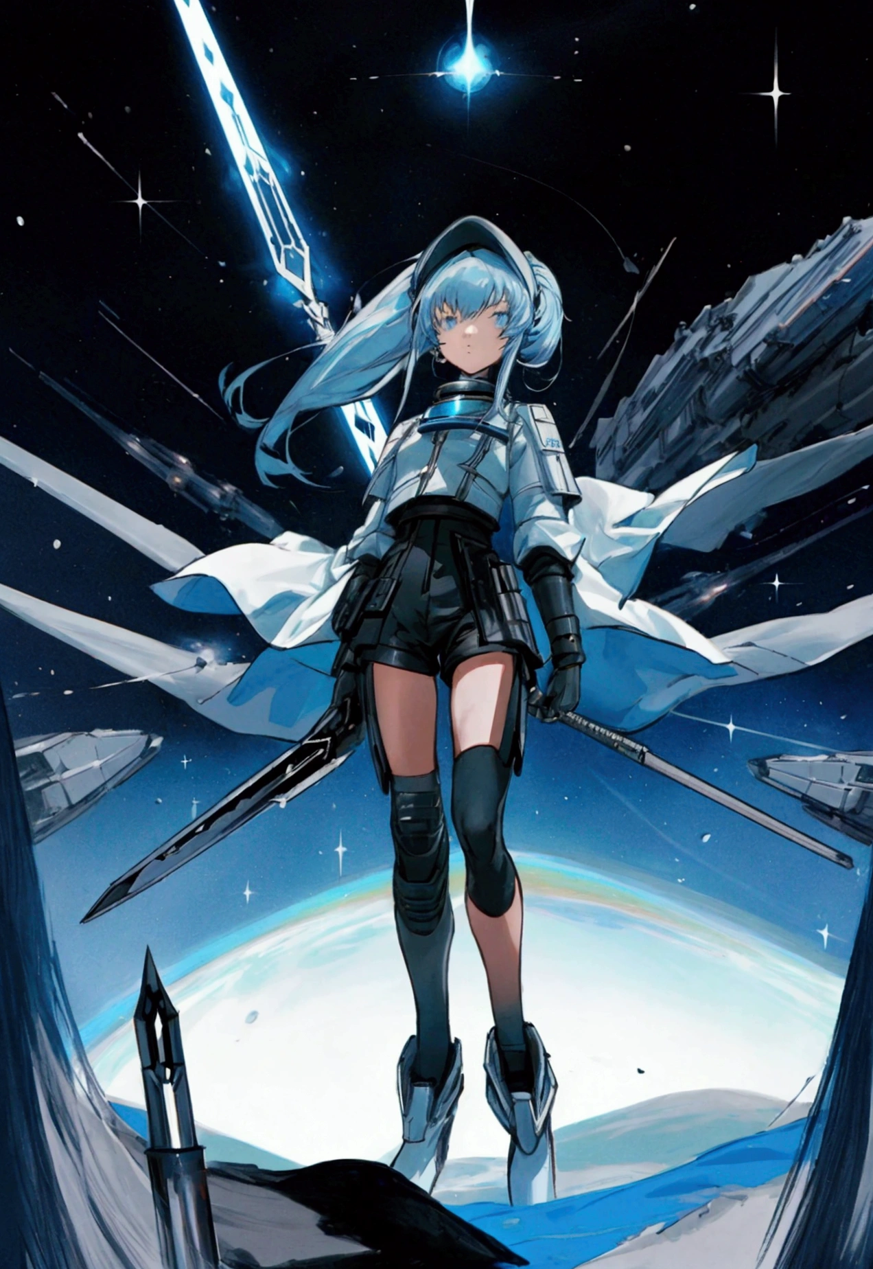 ((science fiction space fantasy)), A badass tall woman, an art of a female character standing amidst a galactic battlefront, (A female commander), ((a leader of a fleet of intergalactic armies)), White high ponytail with a glowing light blue highlights at the ends, Wielding a sword with deep blue aura, the mystical blade in her hand emitting a bright contrast blue light with a ray of energy, a futuristic intergalactic military uniform, Wearing Black shorts exposing the thighs, with a captain hat, a long simple dark boots. A masterpiece illustration, a light novel cover, best quality, best detail(Light novel illustrations), Arknights style, masterpiece, high quality, detailed.