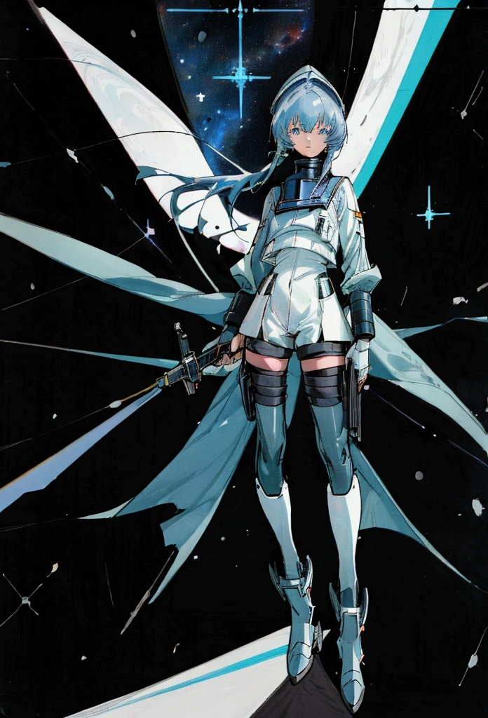 ((science fiction space fantasy)), A badass tall woman, an art of a female character standing amidst a galactic battlefront, (A female commander), ((a leader of a fleet of intergalactic armies)), White high ponytail with a glowing light blue highlights at the ends, Wielding a sword with deep blue aura, the mystical blade in her hand emitting a bright contrast blue light with a ray of energy, a futuristic intergalactic military uniform, Wearing Black shorts exposing the thighs, with a captain hat, a long simple dark boots. A masterpiece illustration, a light novel cover, best quality, best detail(Light novel illustrations), Arknights style, masterpiece, high quality, detailed.