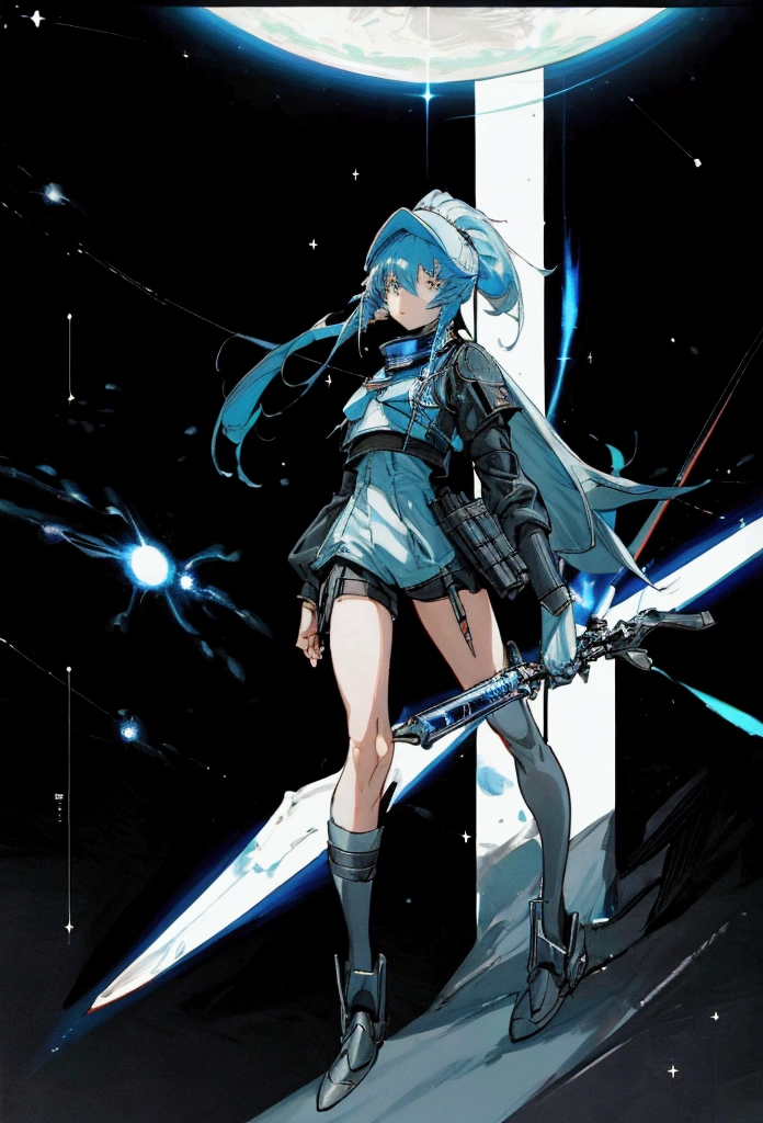 ((science fiction space fantasy)), A badass tall woman, an art of a female character standing amidst a galactic battlefront, (A female commander), ((a leader of a fleet of intergalactic armies)), White high ponytail with a glowing light blue highlights at the ends, Wielding a sword with deep blue aura, the mystical blade in her hand emitting a bright contrast blue light with a ray of energy, a futuristic intergalactic military uniform, Wearing Black shorts exposing the thighs, with a captain hat, a long simple dark boots. A masterpiece illustration, a light novel cover, best quality, best detail(Light novel illustrations), Arknights style, masterpiece, high quality, detailed.