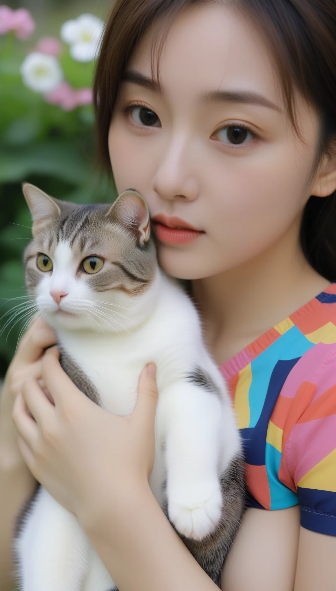 Extreme close-up of beautiful korean female, 34 inch breasts size, colourful shirt, hugging with cat, in the garden, UHD