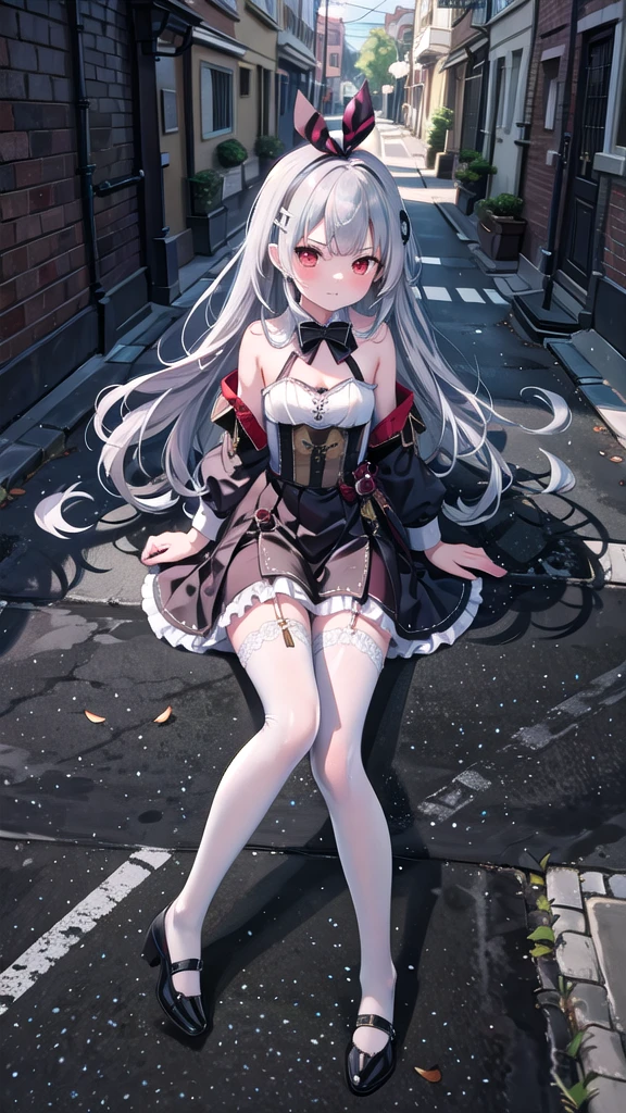 (8K, best quality, master piece: 1.5),super high resolution, One girl, solo, full shot, , ultra-detailed face, detailed eyes, rainbow colored iris, wine red eyes, tsurime, angry, extra long hair, (Silver gray hair,red streaked hair), blunt bangs, hairclip, Medium chest, princess dress, bare legs, bridal garter, Alley