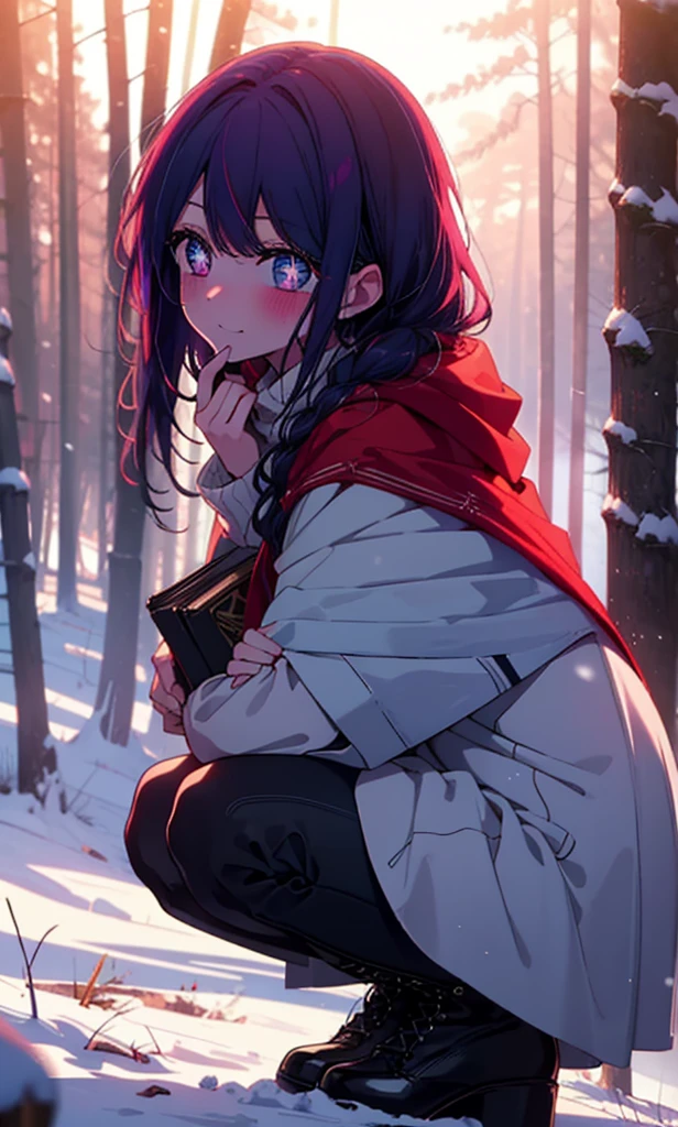 aihoshino, Ai Hoshino, Long Hair, bangs, (Purple eyes:1.1), Purple Hair, (Symbol-shaped pupil:1.5), smile,,smile,blush,White Breath,
Open your mouth,snow,Ground bonfire, Outdoor, boots, snowing, From the side, wood, suitcase, Cape, Blurred, , forest, White handbag, nature,  Squat, Mouth closed, Cape, winter, Written boundary depth, Black shoes, red Cape break looking at viewer, Upper Body, whole body, break Outdoor, forest, nature, break (masterpiece:1.2), Highest quality, High resolution, unity 8k wallpaper, (shape:0.8), (Beautiful and beautiful eyes:1.6), Highly detailed face, Perfect lighting, Extremely detailed CG, (Perfect hands, Perfect Anatomy),