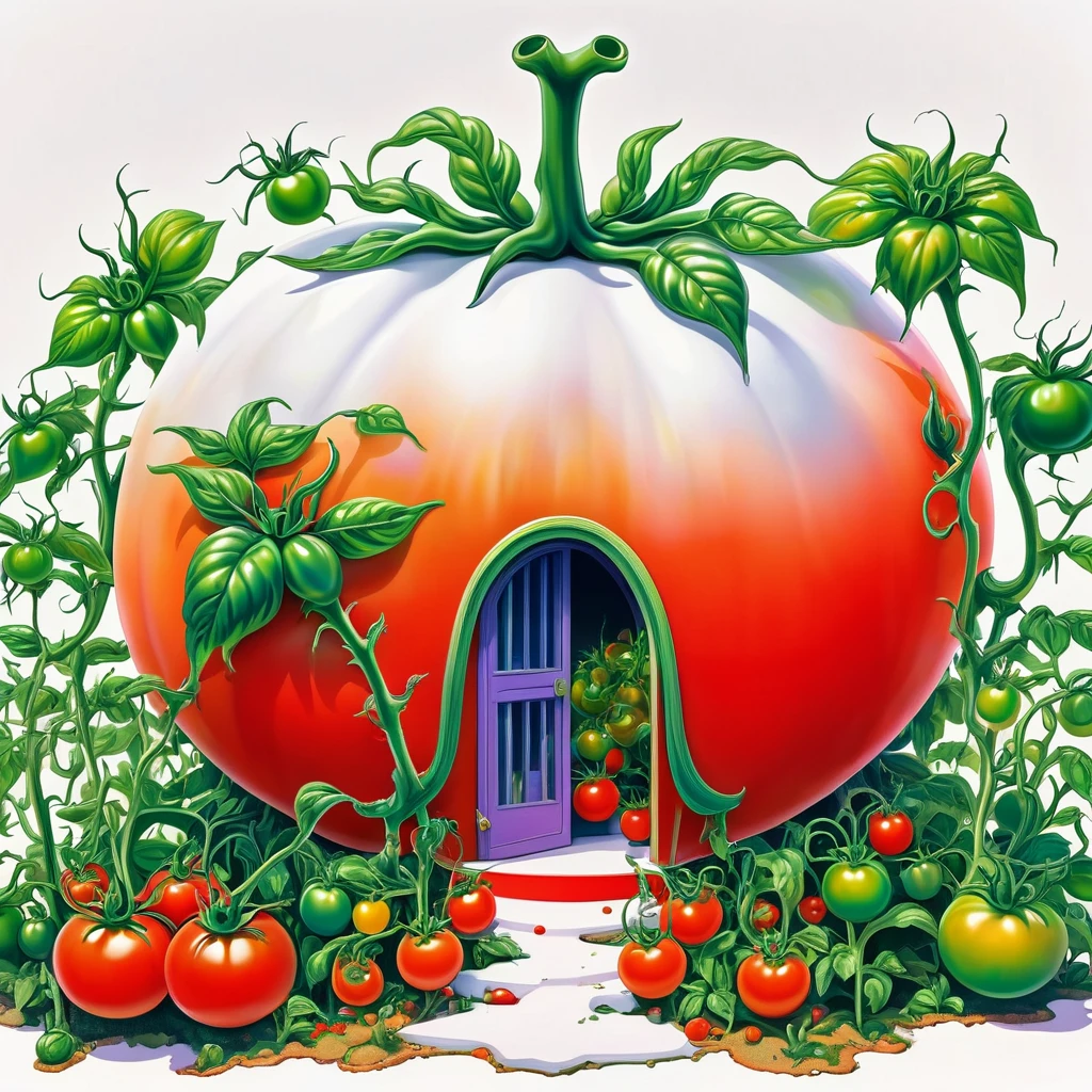 (masterpiece, best quality:1.2), Psychedelic Art,Creative illustration,Tomato House,White background