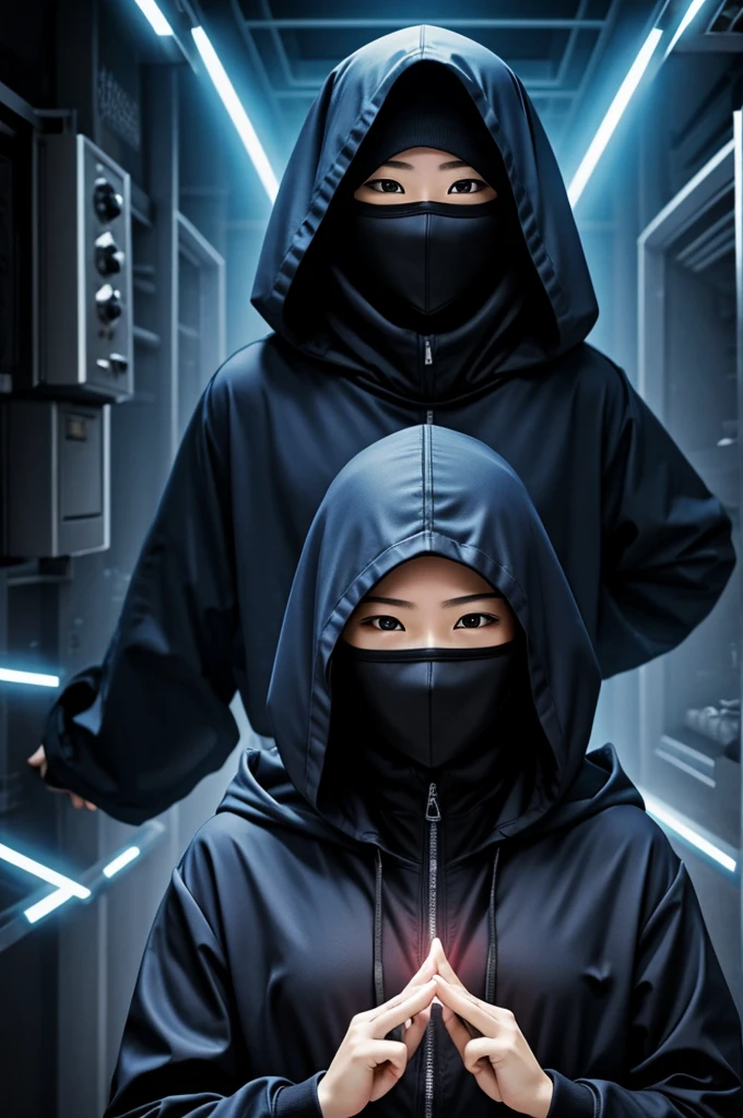 Hooded manga characters with technological mask 