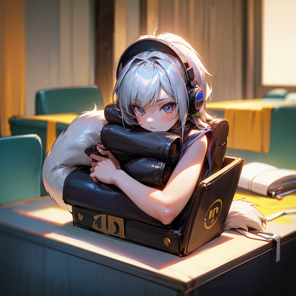 ferret,anime girl wearing headphones sitting at the table playing