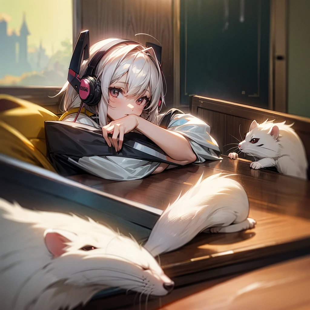 ferret，anime girl wearing headphones sitting at the table playing