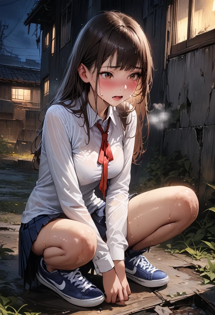 ((realistic)),(((masterpiece,Highest quality:1.3,best quality illustration,))),cowboy shot,独奏,1woman,(18-year-old、Japanese Beauty),dark brown hair,long hair,bangs,brown eyes,gorgeous eyes,((very small head:1.3)),crying,Heavy breathing,((very long body:1.2,skinny)),medium breasts,(Red ribbon tie、White collared shirt、Long sleeve、Navy blue pleated neakers),Wet crotch、sweat,gleaming skin,toned body,slender body,(squatting),Sneakers、Abandoned house、at night、Tokyo、