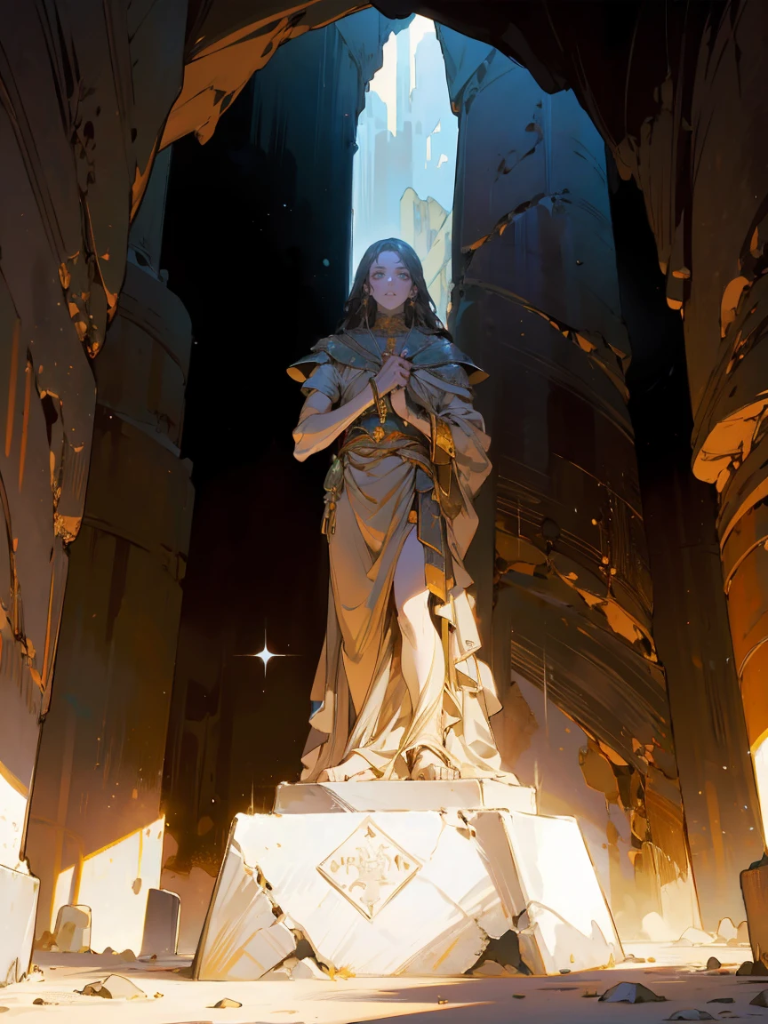 stone arafed statue of a man standing in a narrow cave, stone eyes, cinematography by denis villeneuve, sphinx in the distance, union (2012), stillage from a music video, secret society of the emperor, by youssef howayek, detailed terrain texture, shot in imax, blocktober, tombs