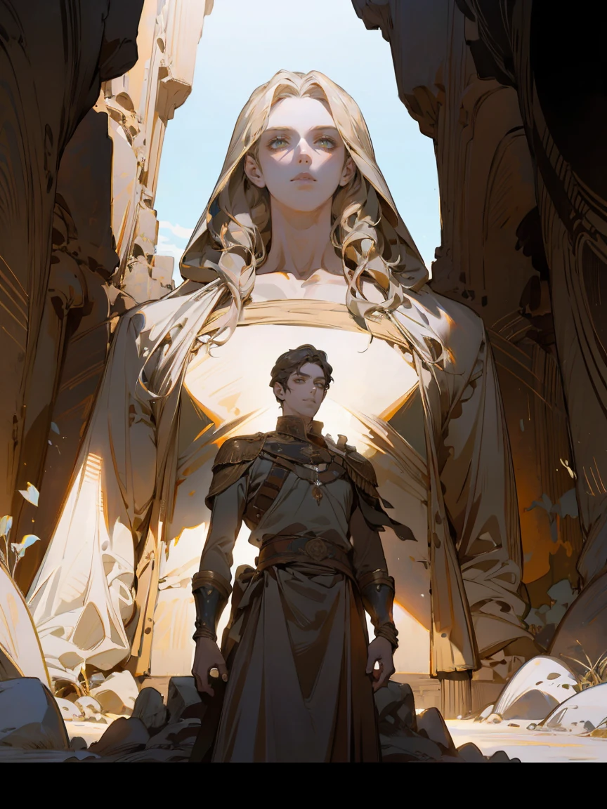 stone arafed statue of a man standing in a narrow cave, stone eyes, cinematography by denis villeneuve, sphinx in the distance, union (2012), stillage from a music video, secret society of the emperor, by youssef howayek, detailed terrain texture, shot in imax, blocktober, tombs  