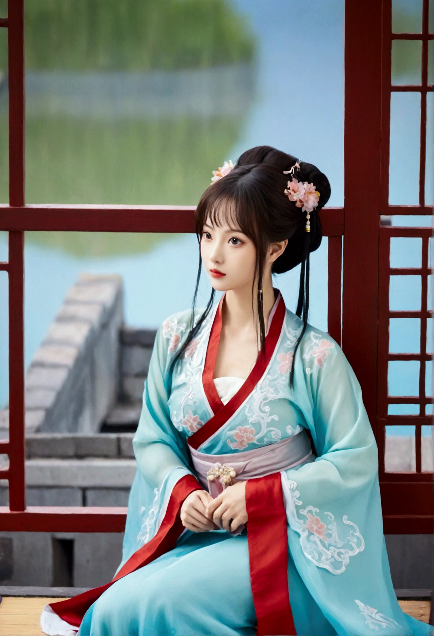 A Tang Dynasty girl,wearing a red Hanfu,Chinese traditional clothing,Big fat round face,Tang Dynasty hair style,Black hair,Q version,Pouting,Red lips,Short stature,Elegant posture,Squatting in a daze,Look to the right,Side view,More lovely,Chinese style,8K,high resolution,High Detail,